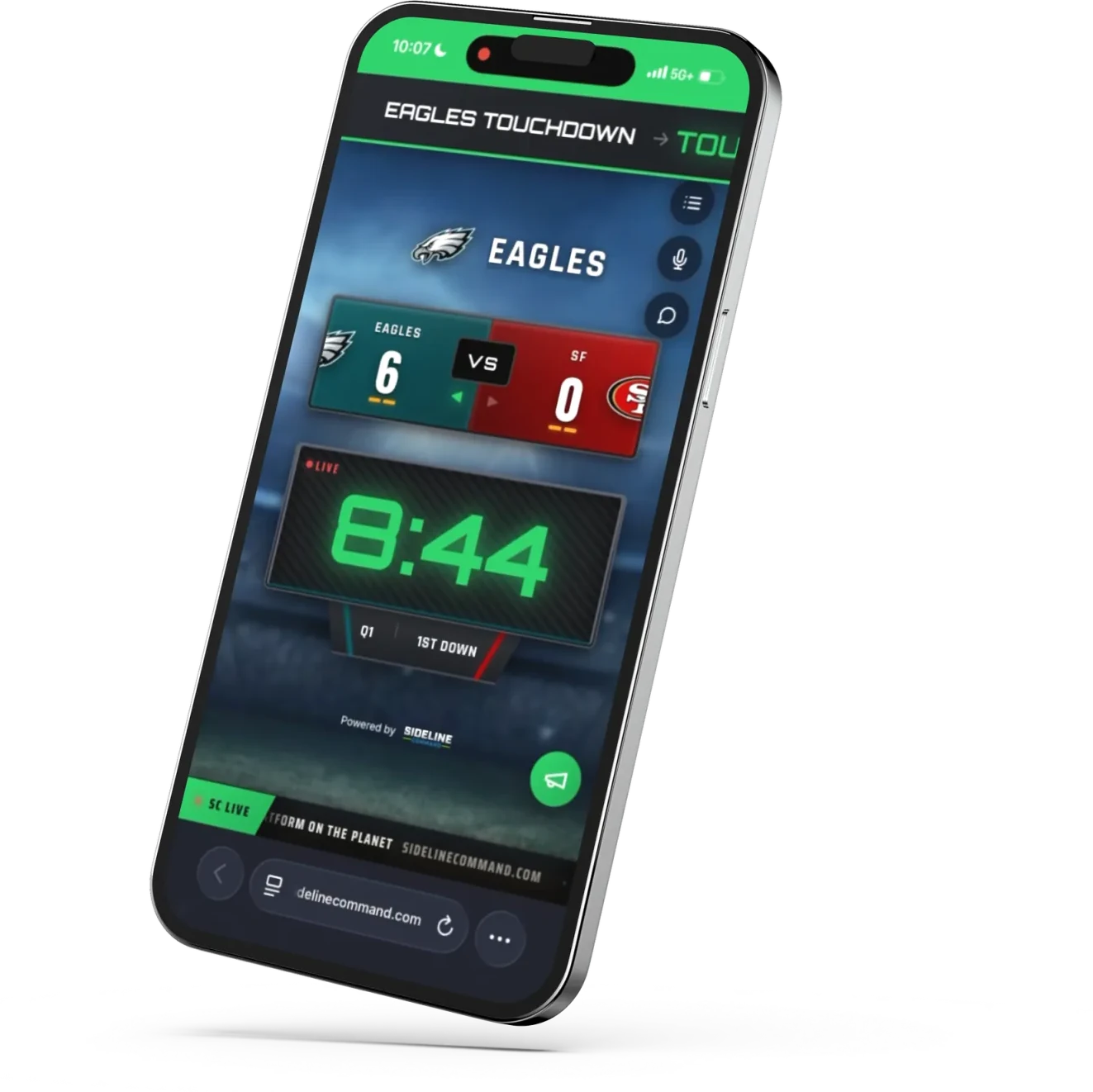 A parent's phone showing the live game — team scoreboard, running clock, and the SC LIVE broadcast bar along the bottom