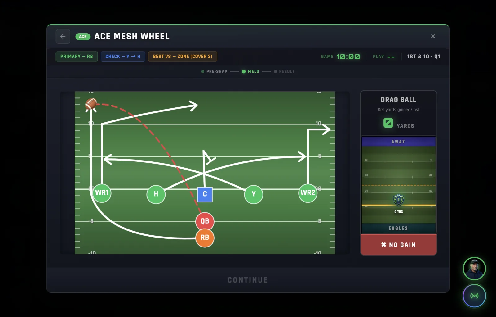 Logging — drag the ball on the virtual field to set yards gained