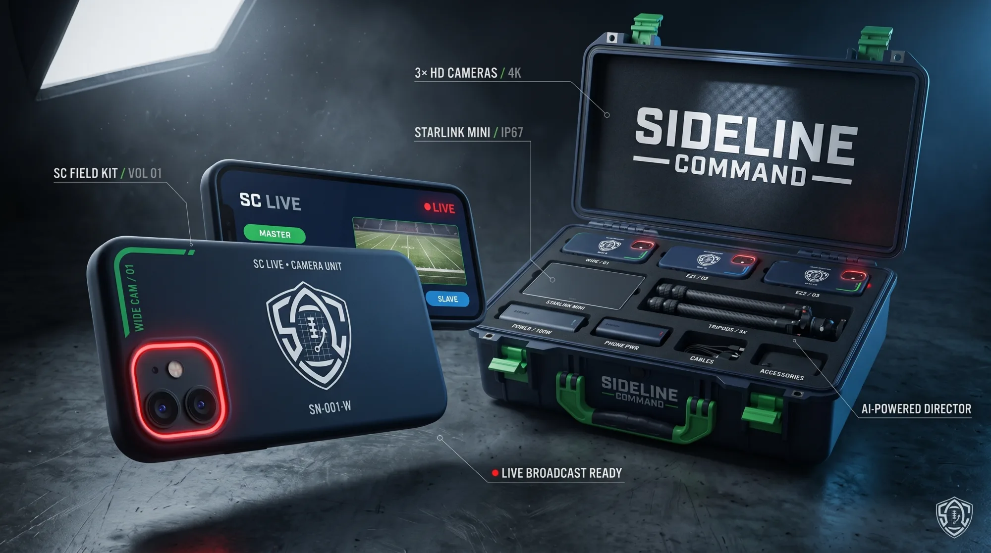 The Sideline Command production pack — three 4K cameras, tripods, power, and a Starlink Mini in a rugged carry case, labeled AI-Powered Director and Live Broadcast Ready.