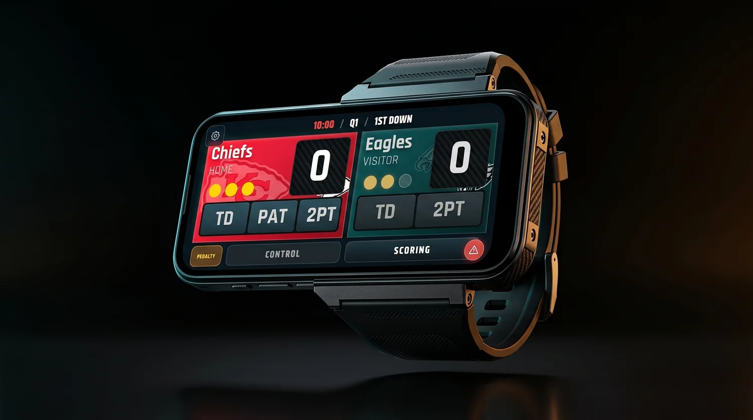 The wrist-worn officiating device running a live game — score, clock, and downs from the referee's wrist